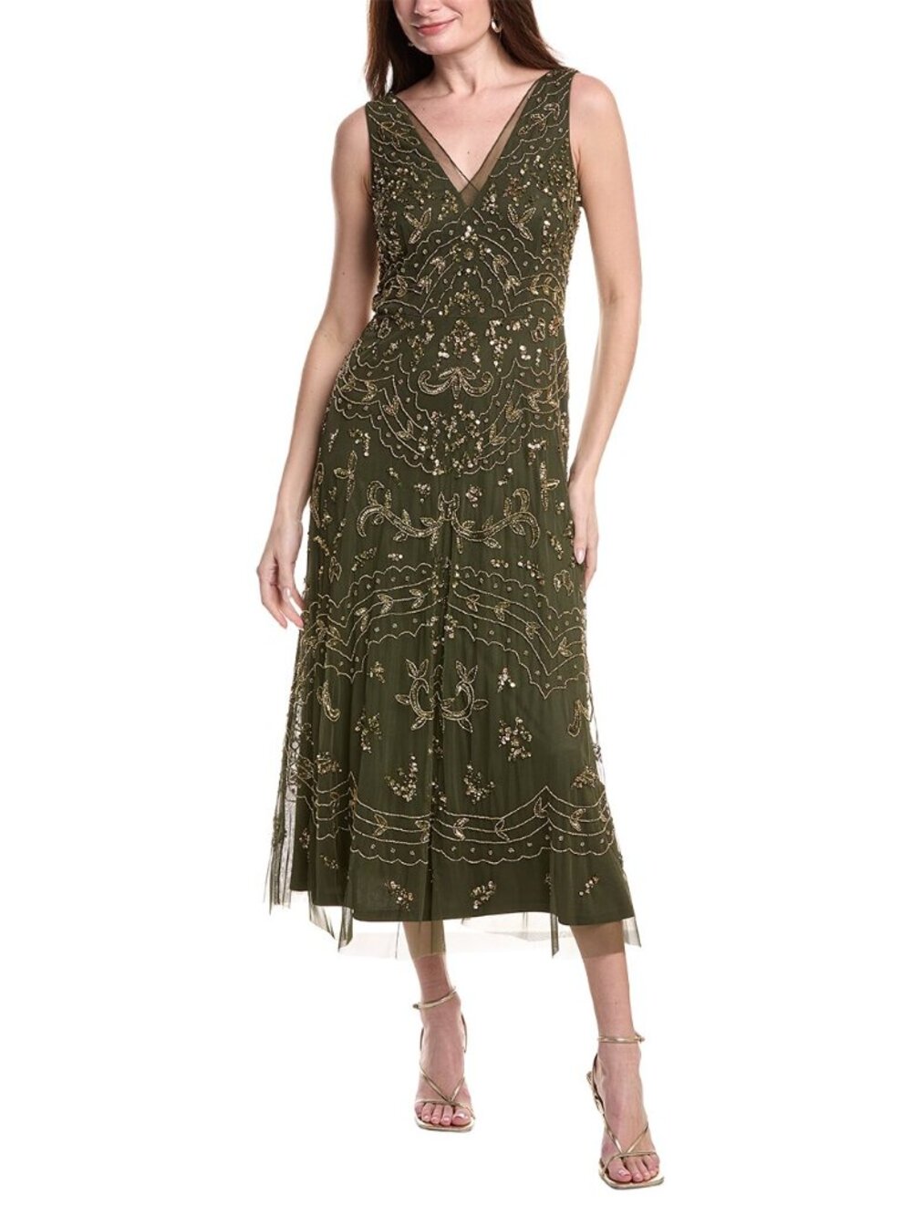 Adrianna Papell Women's Beaded V-Neck Party Dress Dress Olive Size 4
